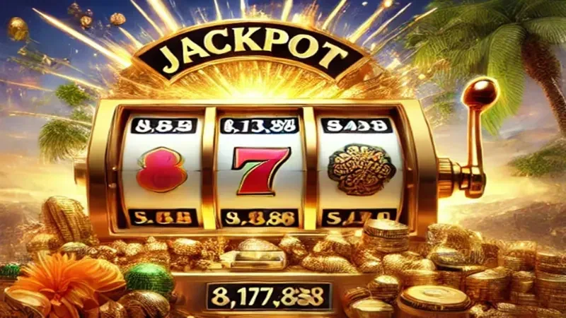 Layar slot dengan simbol reel dan latar permainan berwarna